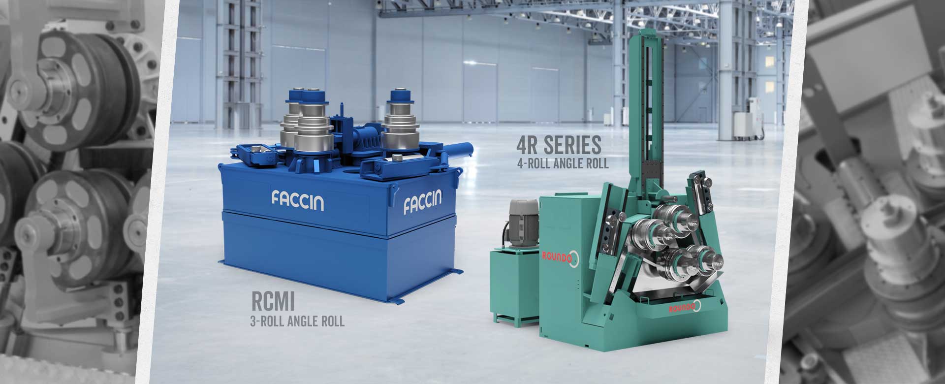 Faccin RCMI 3-roll angle roll and Rundo 4R Series 4-roll angle roll shown together in warehouse setting